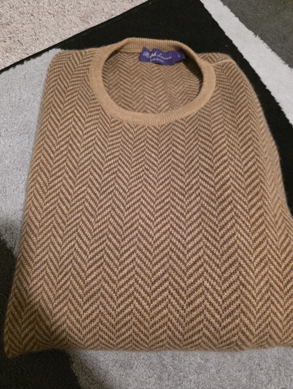 Ralph Lauren Purple Label Camel Tan Herringbone Crewneck Sweater